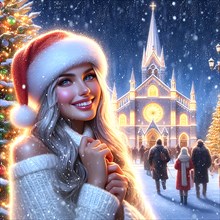 Portrait of a young cheerful woman with red lips and curly hair in a knitted sweater smiles and holding a red Christmas ball covering her eyes with it against the background of a Christmas decorated C...
