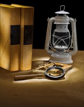 Bokks oil lamp magnifying glass vintage notepad