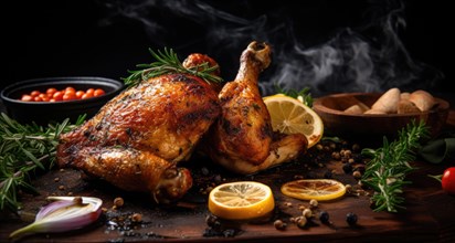 Roast chicken with spices and herbs on a wooden board. Dark background. Ai generated