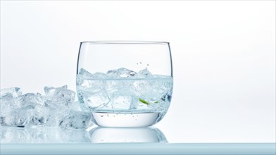 A clear glass half-filled with water and ice cubes