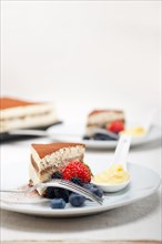 Classic Italian tiramisu dessert with berries and custartd pastry cream on side