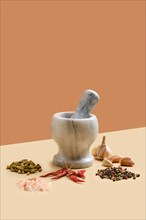 Natural marble mortar and pestle surrounded with spice
