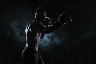 Kickboxer in black gloves posing on a background of smoke. The concept of mixed martial arts. MMA