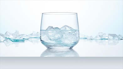 A clear glass half-filled with water and ice on a reflective surface with scattered ice cubes around it Ai generated
