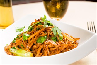 Classic fresh chinese fried noodles with pork and vegetables and coriander on top