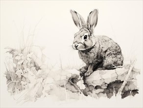 A monochrome sketch of a rabbit perched on a rock amidst foliage Ai generated