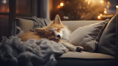 Cute little fox sleeping on sofa in room with Christmas tree and lights Ai generated