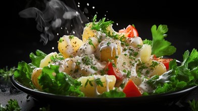 Potato salad with cream sauce and parsley on a black background AI generated