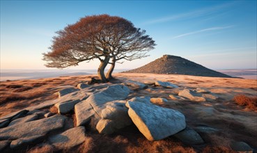A lone tree stands before a hill under the warm light of sunrise with scattered rocks in the foreground AI generated