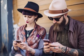 Fashionable young hipster couple sitting with smart phone