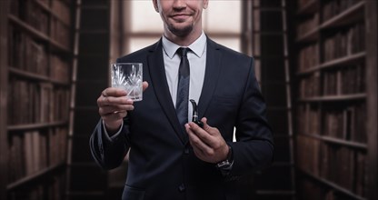 Portrait of an elegant man in a suit with a smoking pipe and a glass in the library. Business concept.