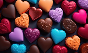An array of heart-shaped chocolates in various colors and patterns AI generated