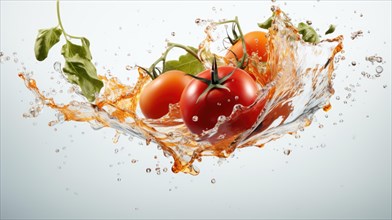 Fresh cherry tomatoes falling into water with splashes on white background AI generated