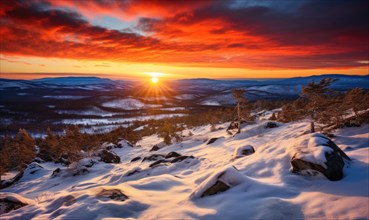 Snow-covered landscape under a dramatic fiery sunset sky AI generated