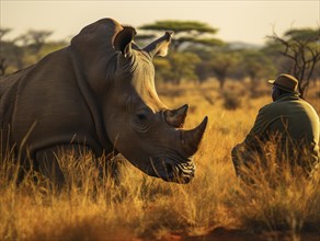 Ranger attentively looking at a rhinoceros with a sunset backdrop in a grassy landscape
