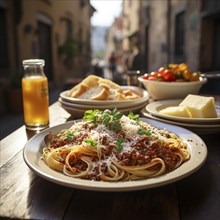 Spaghetti Bolognese serviert auf einem Tisch eines gemuetlichen Strassencafes