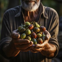 Ein Mann zeigt die frischen Oliven