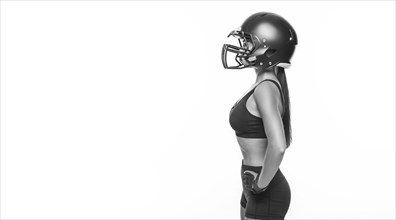 Black and white images of a sports girl in the uniform of an American football team player. Sports concept. White background.