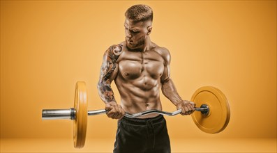 Young muscular guy pumps biceps with a barbell on an orange background. Fitness and nutrition concept.
