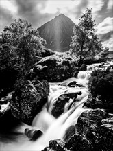 Waterfall under Buachaille Etive Mor in Black and White