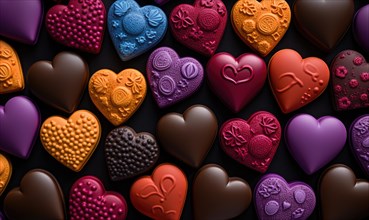 Assortment of heart-shaped chocolates in various colors and designs AI generated