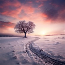 Solitary tree with a snowy path leading towards it at sunrise AI generated