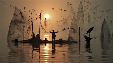 Fishermen engage in active fishing as birds swarm around the boat during sunset