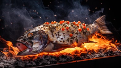 Grilled fish with rose pepper on burning embers. Grill fish background AI generated