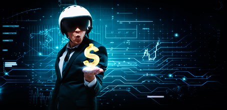 Portrait of a man in a suit and helmet. He put out a palm in which an electric charge and a dollar sign. Business concept. Stock market. Brokers and traders.