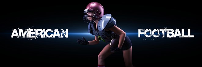 Image of a girl in the uniform of an American football team player. She runs with the ball against the background of light spots. Sports concept. Shoulders pads.