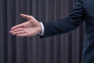 Image of a stylish man in a suit holding out his hand for a handshake. Business concept.