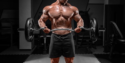 Powerful bodybuilder trains in a gym with a barbell. No name portrait. Bodybuilding concept.