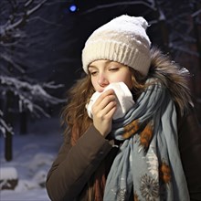Girl in winter wear sneezing into a tissue