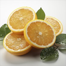 Bright orange slices with fresh green leaves on a white background
