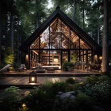 Modern cozy chalet with pool in beautiful forest at night AI generated