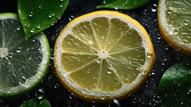 Lime and lemon slices with green leaves on a black background. Top view AI generated