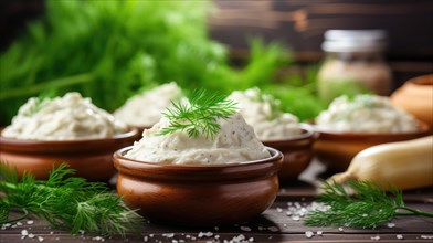Curd with dill in a bowl on a wooden background AI generated