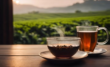 Glass cup of tea on wooden table and tea estate look from the window. AI Generated