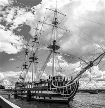 Image of a warship in St. Petersburg. Tourism concept