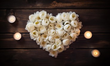 Heart shape made of white roses and petals with candles on a dark wooden table AI generated