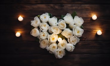 A beautifully arranged heart of white roses with flickering candles on dark wood AI generated