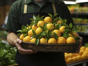 Market worker with a basket full of fresh oranges and leaves