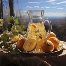 Sunlit pitcher of orange juice with ice and oranges outdoors