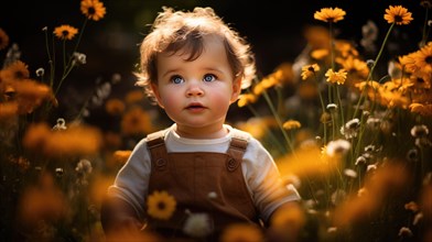 Portrait of a cute baby girl in a meadow with yellow flowers AI generated
