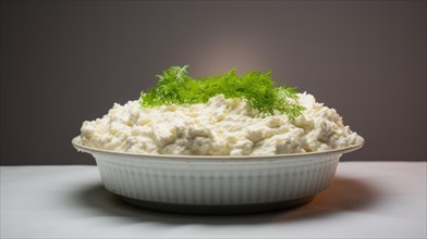 Cottage cheese with dill and parsley on a white background AI generated