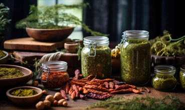 Spices and herbs on the table in composition with kitchen accessories AI generated
