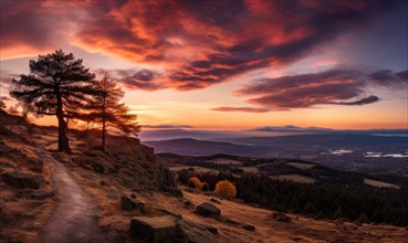 A serene sunset with warm colors casting over a mountain path lined with pine trees under a dramatic sky AI generated