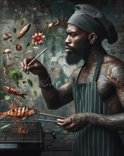 Fit tattooed black man chef wear apron