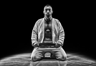 Professional athlete sits in the gym. Concept of karate