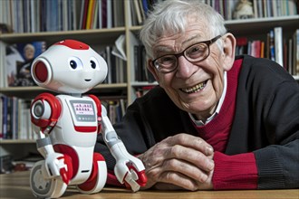 Old man having fun with a white artificial intelligence controlled care robot